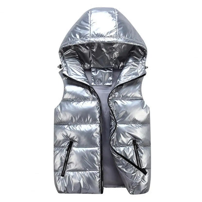 Women's Glossy Hooded Vest Jacket with Zipper Pockets - Classic Fit