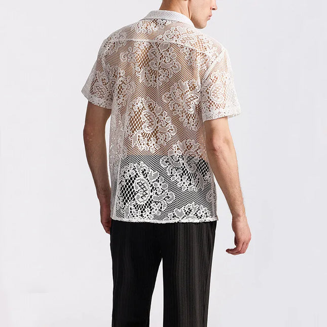 Men's Short Sleeve Mesh Lace Knit Shirt