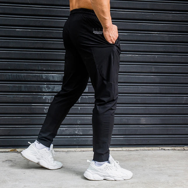Men's Ice Silk Elastic Breathable Running Pants with Stripes, Quick-Dry, Zip Pocket Sweatpants