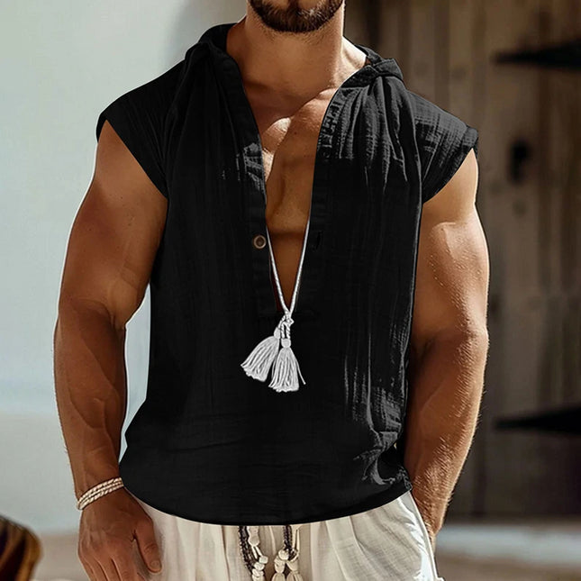 Casual Men's Loose Fit Hooded Linen Vest Shirt - Breathable & Comfortable Top