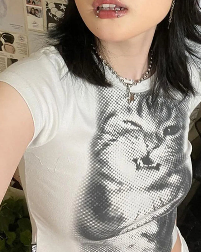 Women's Cat Print Cropped T-Shirt, Crewneck, Slim Fit Tee