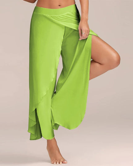 Women's Slit Flared Palazzo Trousers - Wide Leg Chiffon Pants with Side Split