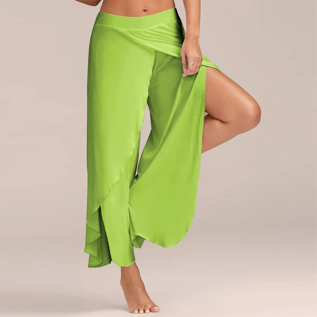 Women's Slit Flared Palazzo Trousers - Wide Leg Chiffon Pants with Side Split