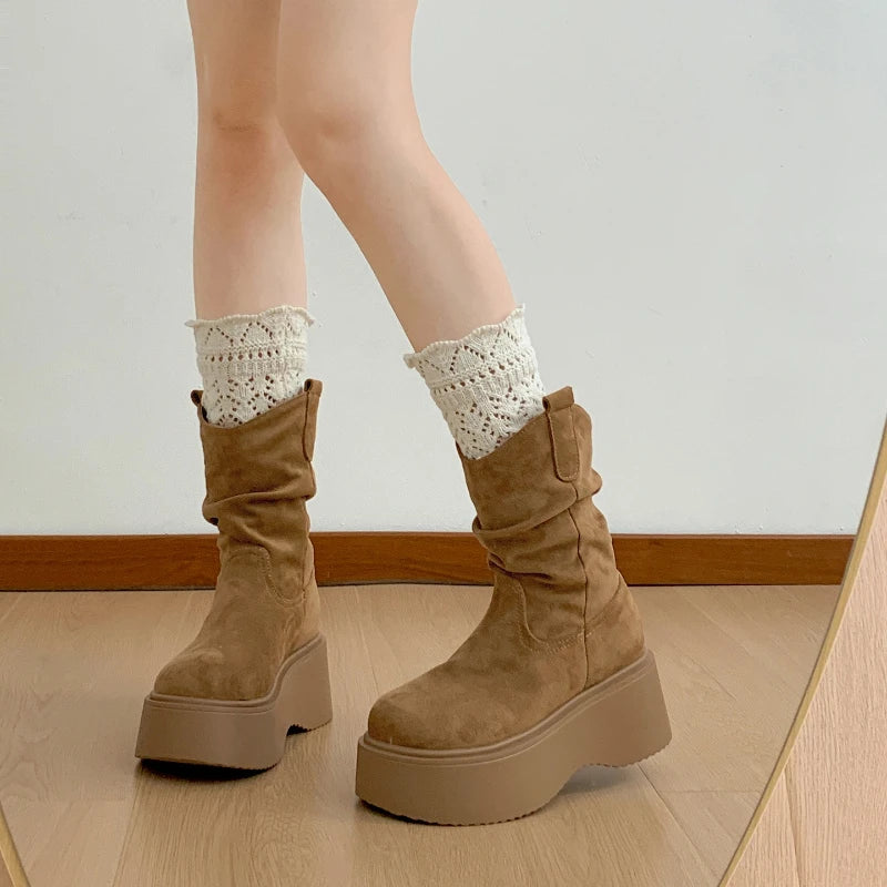 Chunky Platform Ankle Boots for Women - Thick Sole, Round Toe, Slip-On Design