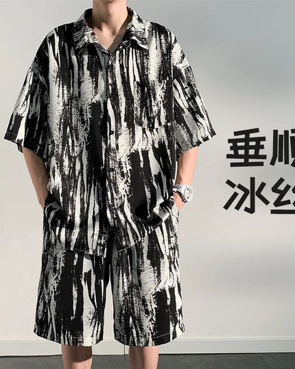 Men's Two-Piece Loose Fit Tie-Dye Striped Shirt and Shorts Set