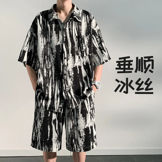 Men's Two-Piece Loose Fit Tie-Dye Striped Shirt and Shorts Set
