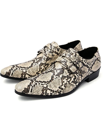 Men's Faux Snake Print Double Buckle Pointed Toe Dress Shoes