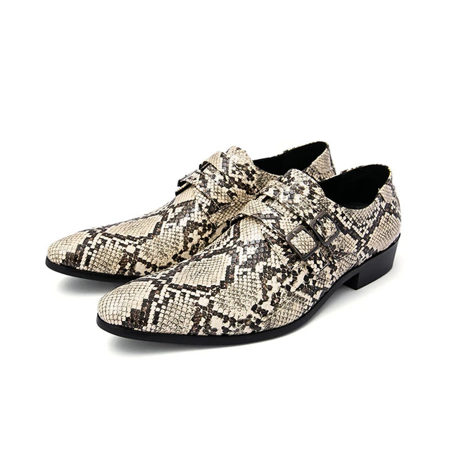 Men's Snake Print Double Buckle Pointed Toe Dress Shoes