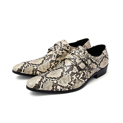 Men's Snake Print Double Buckle Pointed Toe Dress Shoes