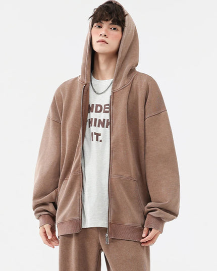 Men's Oversized Washed Faded Knit Zip-Up Cardigan