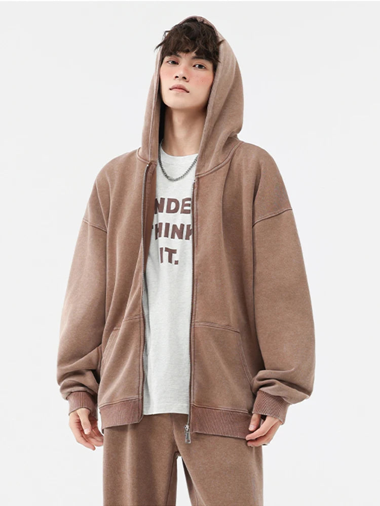 Men's Oversized Washed Faded Knit Zip-Up Cardigan