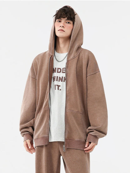 Men's Oversized Washed Faded Knit Zip-Up Cardigan