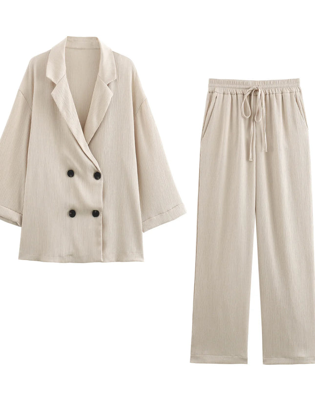 Women's 2-Piece Long Sleeve Double-Breasted Blazer + Wide Leg Trousers Set