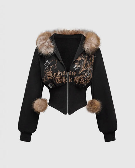 Gothic Print Women's Faux Fur Crop Zip-Up Hoodie Jacket