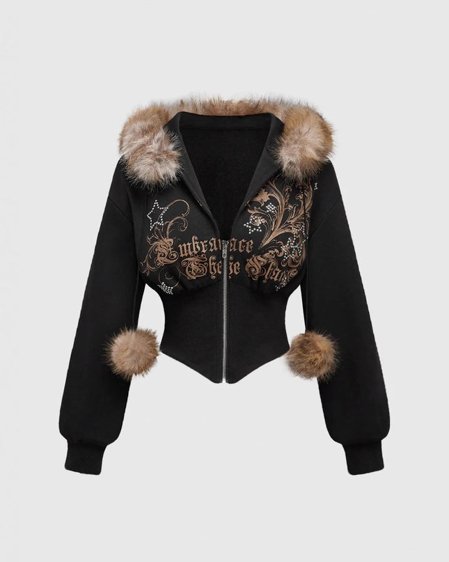 Gothic Print Women's Faux Fur Crop Zip-Up Hoodie Jacket