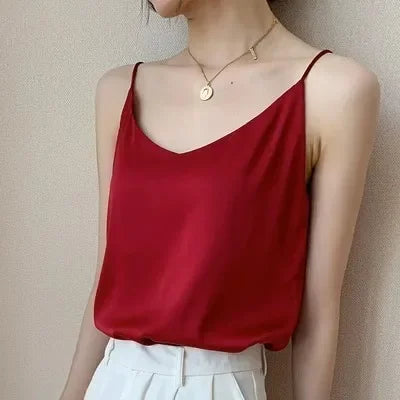 Women's V-Neck Spaghetti Strap Blouse – Stylish & Flowy Top for Women