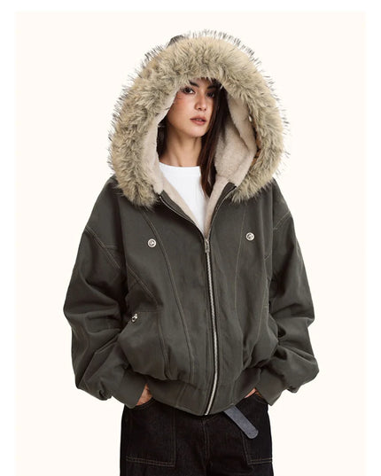 Unisex Fur Collar Hooded Parkas - Thicken Padded Casual Jackets with Zipper