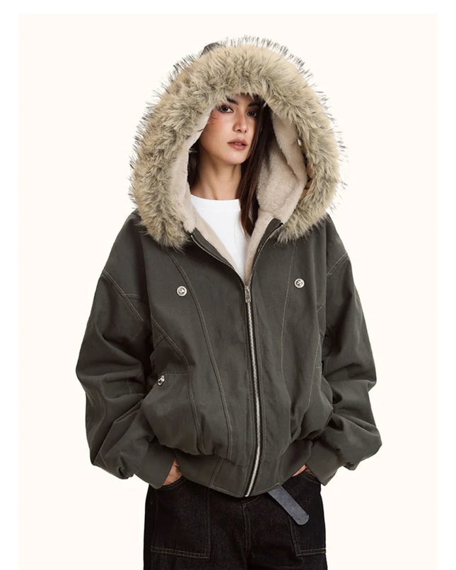 Unisex Fur Collar Hooded Parkas - Thicken Padded Casual Jackets with Zipper