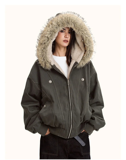 Unisex Fur Collar Hooded Parkas - Thicken Padded Casual Jackets with Zipper