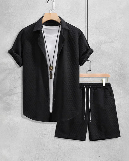 Men's Textured Two-Piece Short Sleeve Shirt and Drawstring Shorts Set