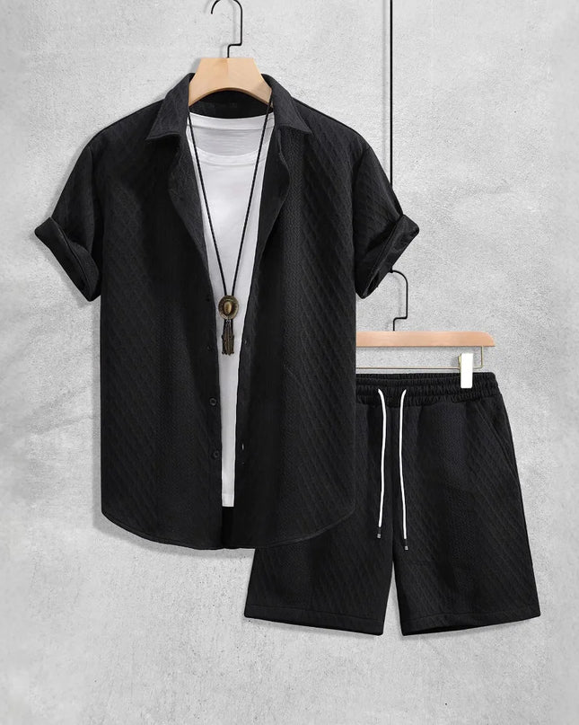 Men's Textured Two-Piece Short Sleeve Shirt and Drawstring Shorts Set