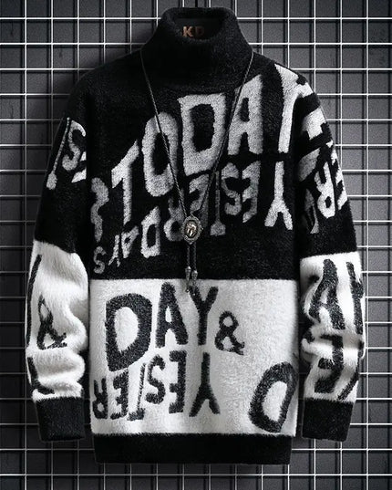 Men's Long Sleeve Turtleneck Sweater with Letter Print
