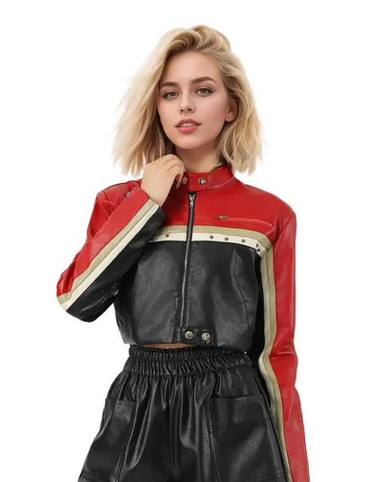 Stylish Women's Cropped PU Leather Biker Jacket