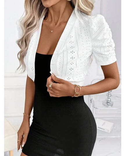 Women's Short Puff Sleeve Shrug Bolero Cardigan with Open Stitch, Cropped Hollow-Out Knitted Design
