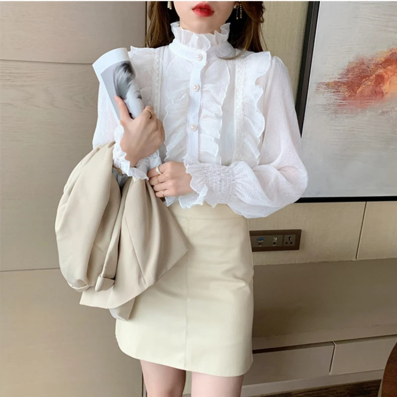 Women's Long Sleeve Loose Button-Front Elegant Stand Collar Ruffle Lace Blouse