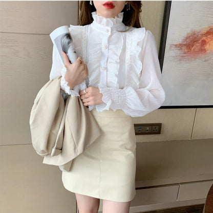 Women's Long Sleeve Loose Button-Front Elegant Stand Collar Ruffle Lace Blouse
