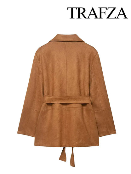 TRAFZA Women's Turn-Down Collar Belt Tie Jacket