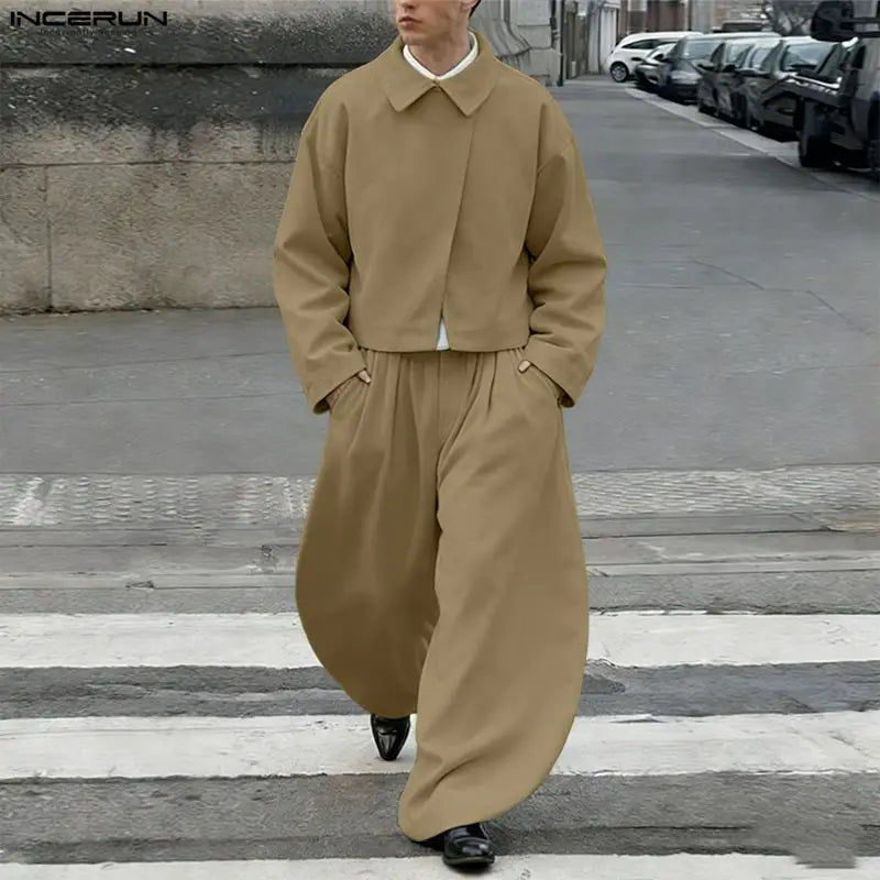 INCERUN Men’s Two-Piece Set: Lapel Long Sleeve Flared Shirt & Flared Pants