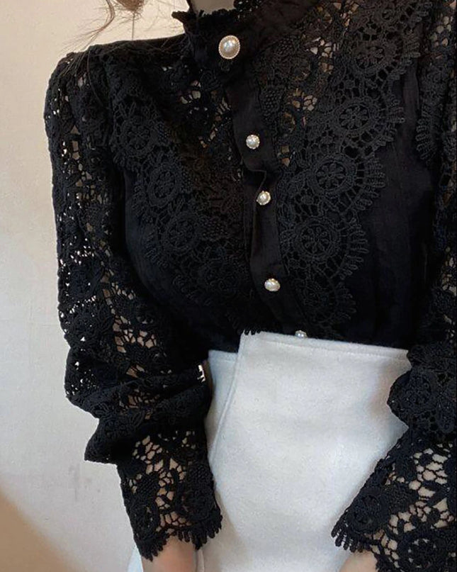 Elegant Women's Chiffon Turtleneck Blouse with Floral Lace Details