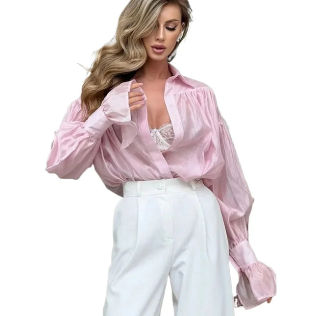 Women's Loose Fit Collared Shirt with Flare Sleeves