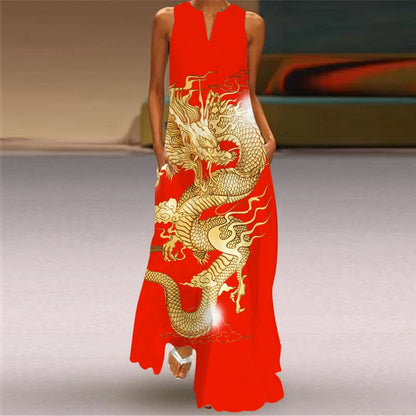 Women's Vintage Boho Printed Sleeveless V-Neck Maxi Dress
