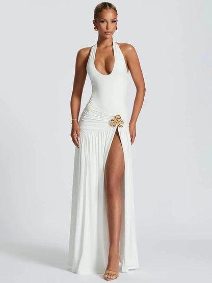 Elegant Two Piece Backless Maxi Dress for Women - Halter Neck, Ruched Design, Side Split Evening Gown