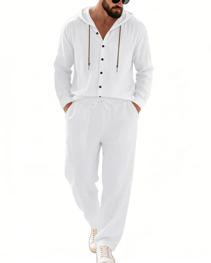 Men's 2-Piece Casual Outfit with Hooded Button-Down Shirt and Long Pants Set