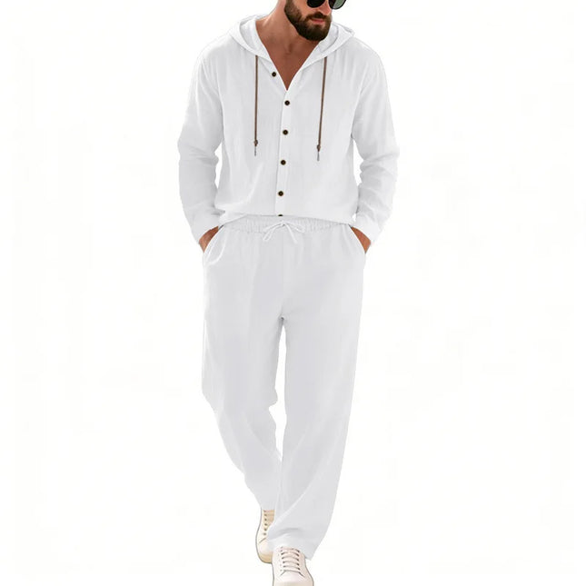 Men's 2-Piece Casual Outfit with Hooded Button-Down Shirt and Long Pants Set