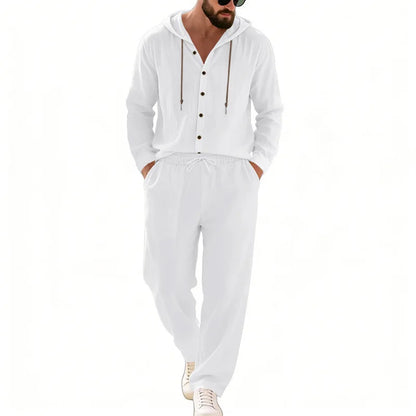 Men's 2-Piece Casual Outfit with Hooded Button-Down Shirt and Long Pants Set