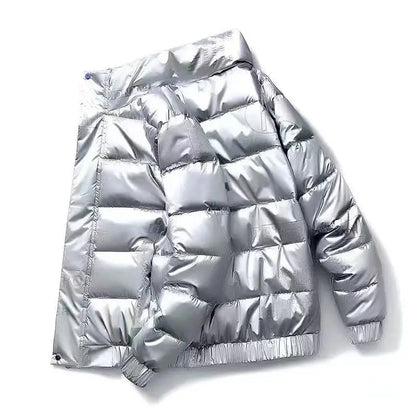 Men's Glossy Thickened Parka Jacket with Stand Collar