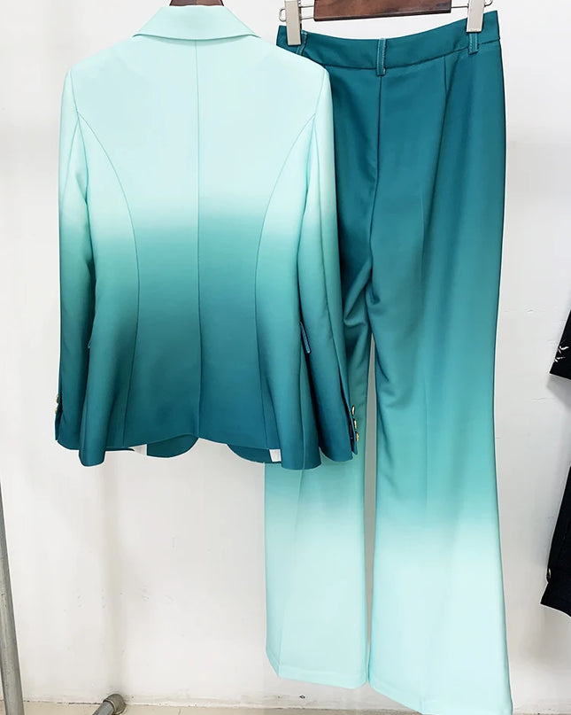 Women's Gradient Color Printed Two-Piece Blazer and Flare Pants Set