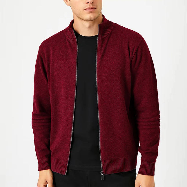 Men's Full-Zip Knitted Sweater Jacket – Slim Fit, Stand Collar