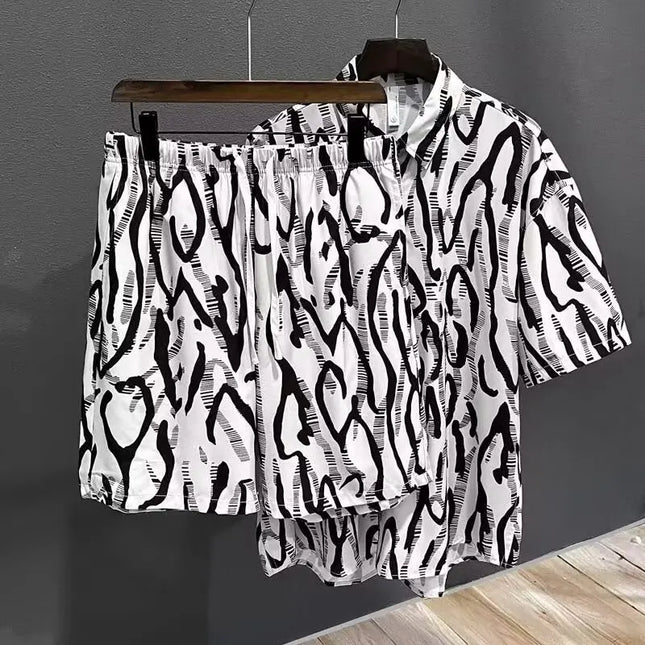 Men's Two-Piece Loose Fit Tie-Dye Striped Shirt and Shorts Set