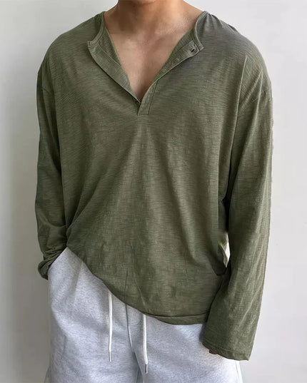 Cotton Men's Long Sleeve Loose Fit Sweater with Quarter Button Closure
