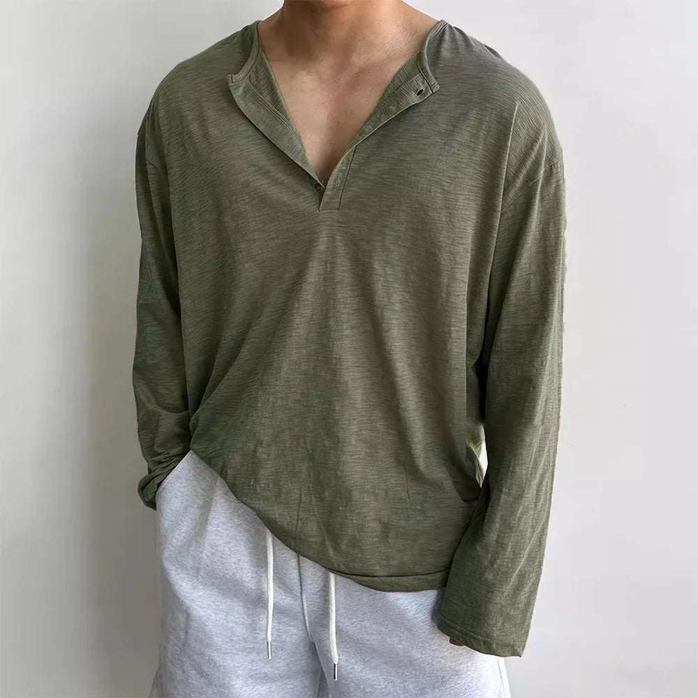 Cotton Men's Long Sleeve Loose Fit Sweater with Quarter Button Closure
