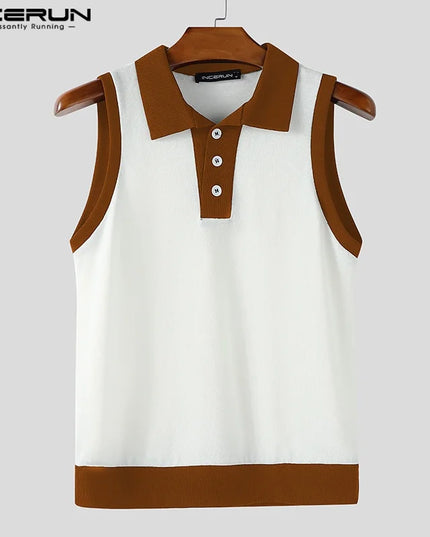 Incerun Men's Casual Tank Top with Patchwork Lapel and Button Detail