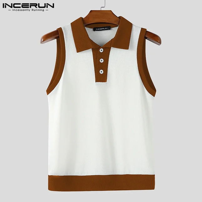 Incerun Men's Casual Tank Top with Patchwork Lapel and Button Detail
