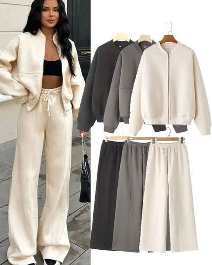 TRAFZA Women's 2-Piece Retro Zipper Jacket & High-Waisted Lace-Up Loose Pants Set