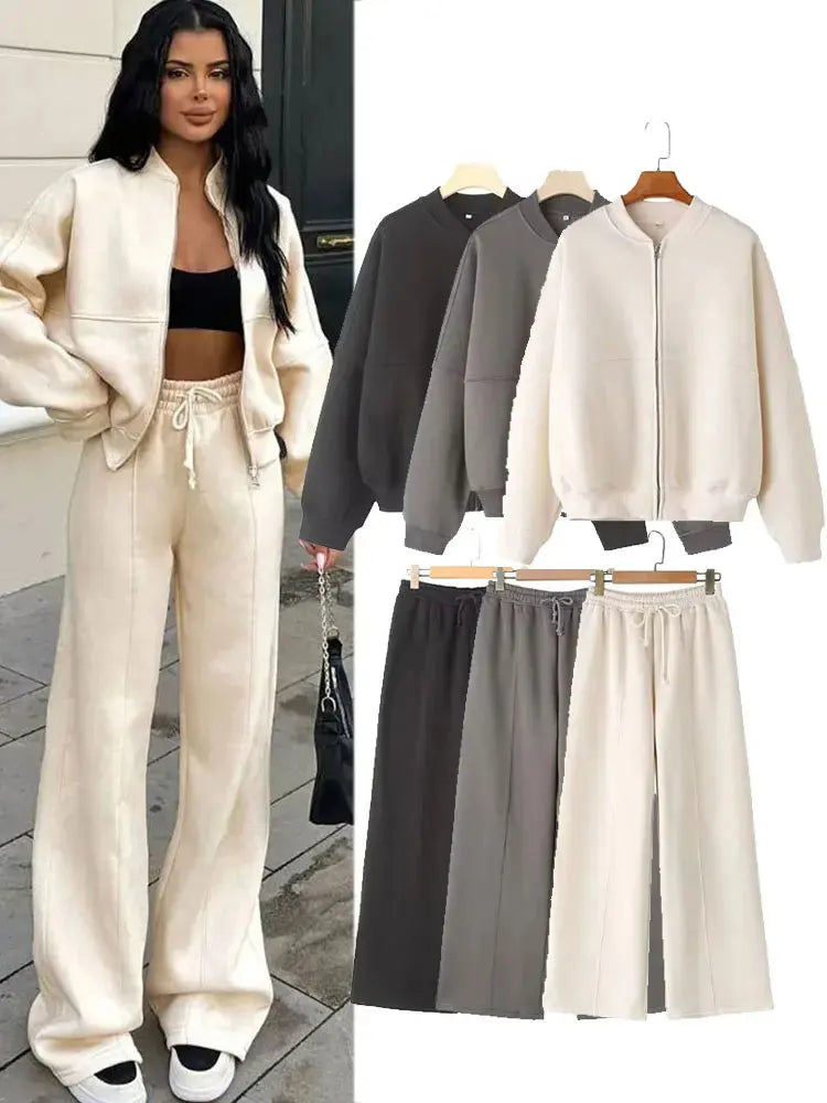 TRAFZA Women's 2-Piece Retro Zipper Jacket & High-Waisted Lace-Up Loose Pants Set