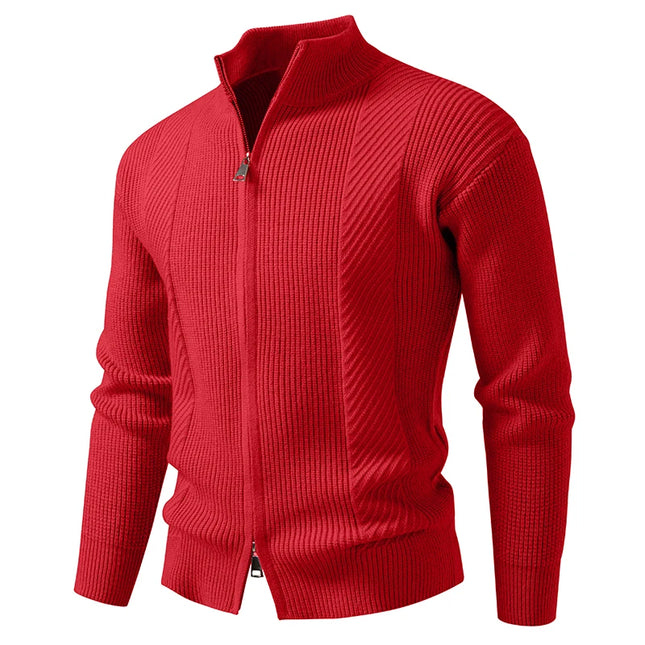 Men's Slim Knit Sweater Jacket with Stand Collar and Zipper